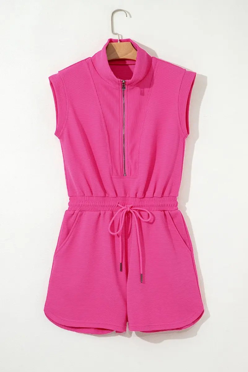 Shoes Love Salve Rose Romper Women's Daily Wear Casual Short Sleeve Half Zip Drawstring Textured