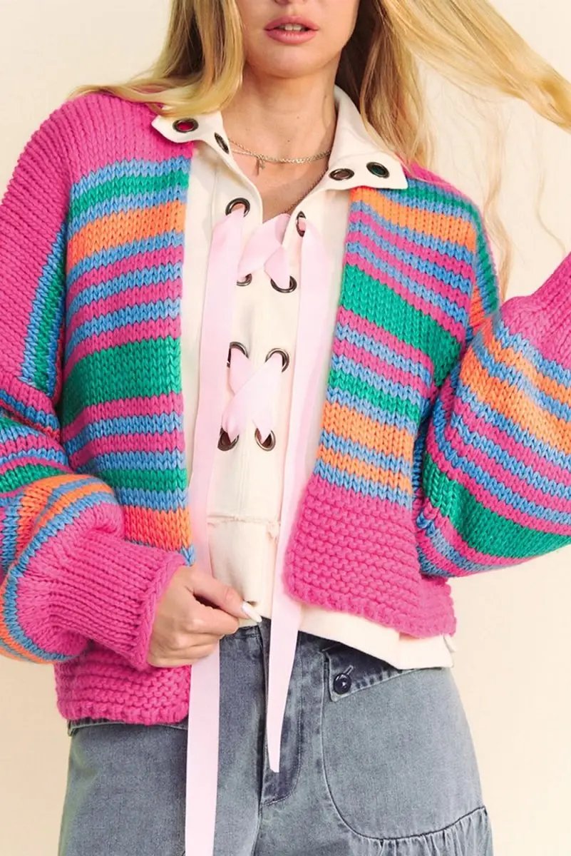 Sweaters Love Salve Rose Stripe Cardigan Women's Daily Wear Knitwear Soft, Puff Sleeve
