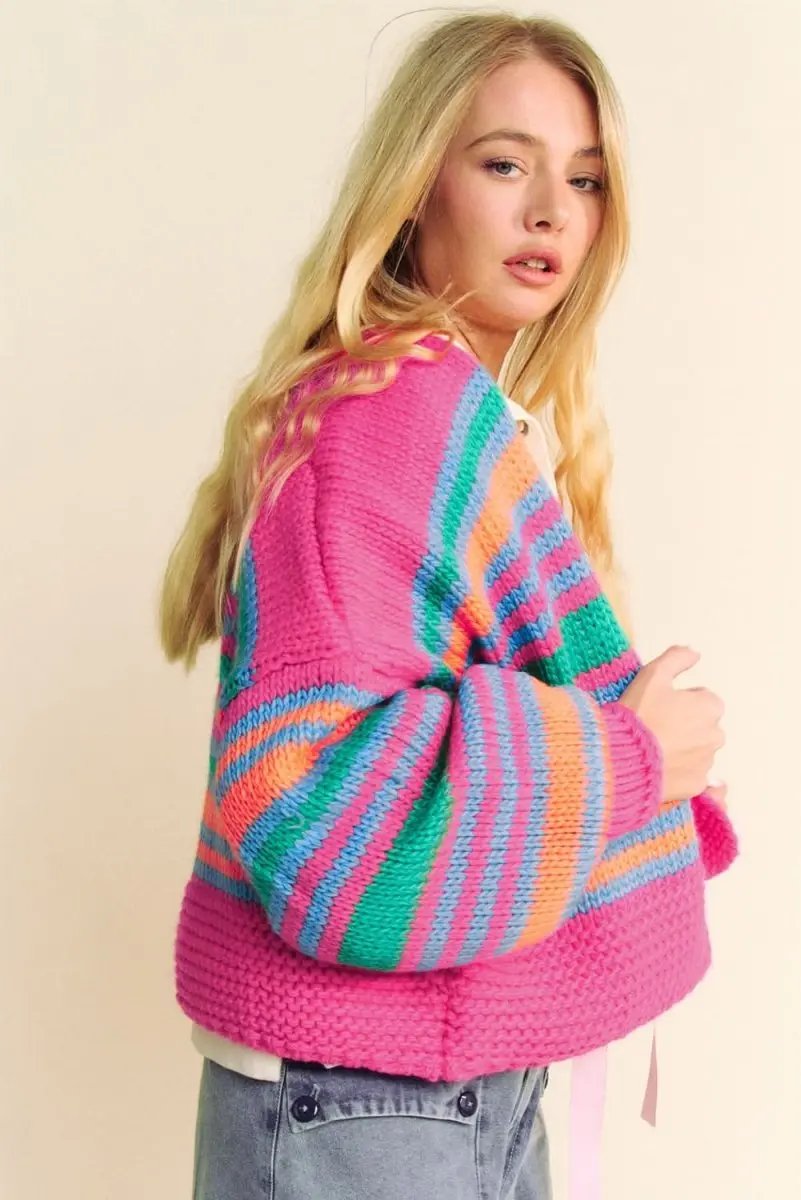Sweaters Love Salve Rose Stripe Cardigan Women's Daily Wear Knitwear Soft, Puff Sleeve
