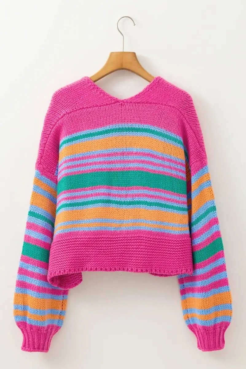 Sweaters Love Salve Rose Stripe Cardigan Women's Daily Wear Knitwear Soft, Puff Sleeve