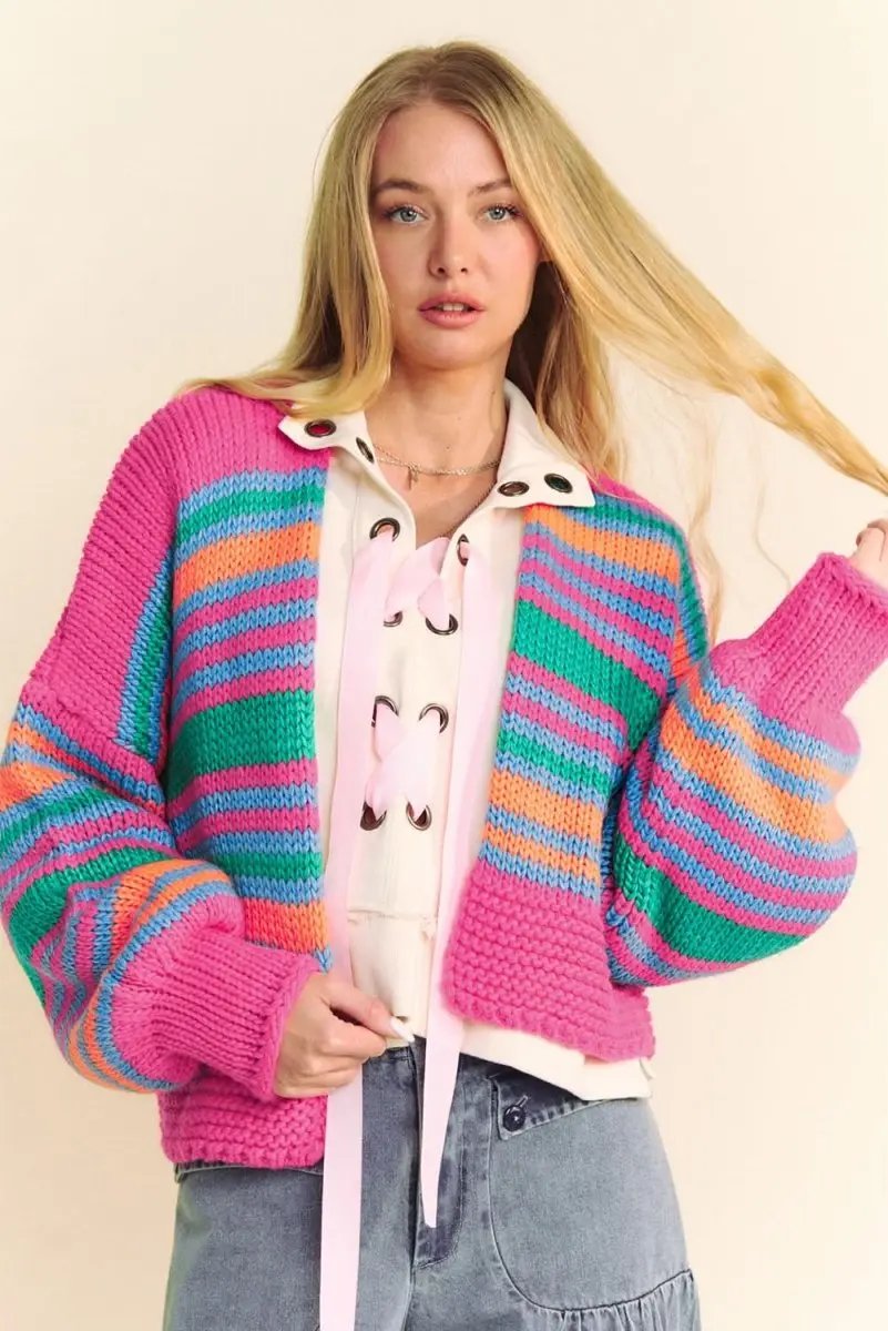 Sweaters Love Salve Rose Stripe Cardigan Women's Daily Wear Knitwear Soft, Puff Sleeve