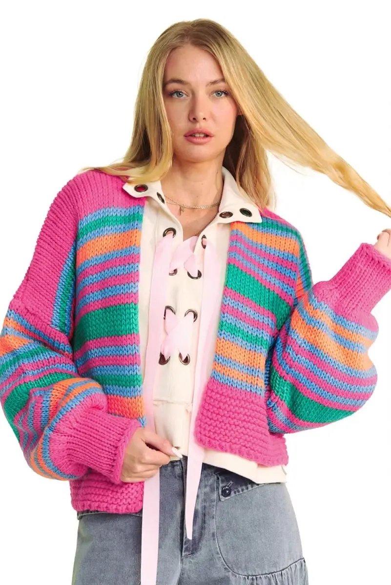 Sweaters Love Salve Rose Stripe Cardigan Women's Daily Wear Knitwear Soft, Puff Sleeve