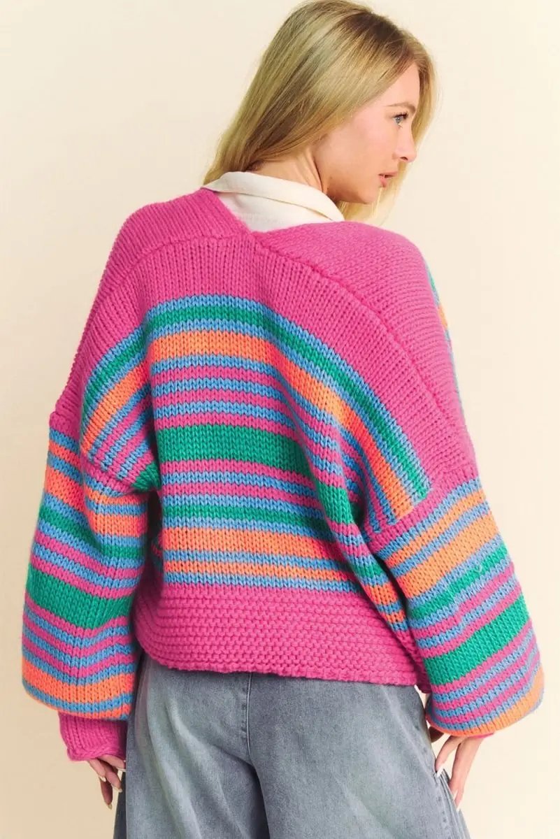 Sweaters Love Salve Rose Stripe Cardigan Women's Daily Wear Knitwear Soft, Puff Sleeve