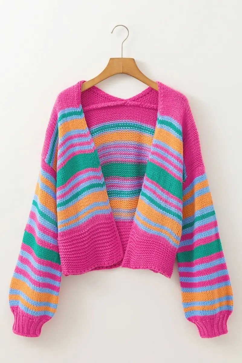 Sweaters Love Salve Rose Stripe Cardigan Women's Daily Wear Knitwear Soft, Puff Sleeve