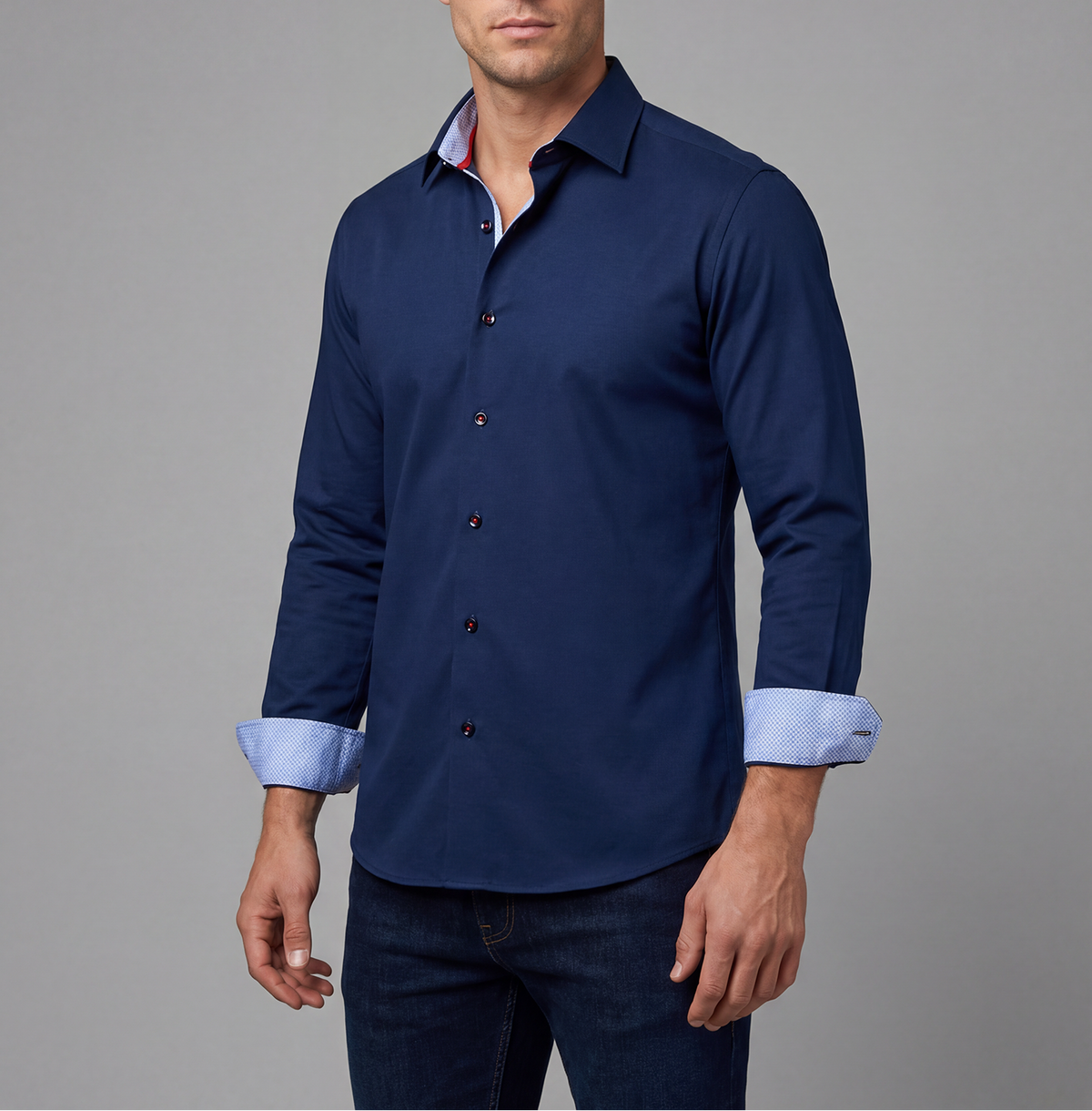 Paul// Cotton Knit-Stretch Button-Up Shirt With Contrast Details // Navy // Tailored Fit (Fitted)