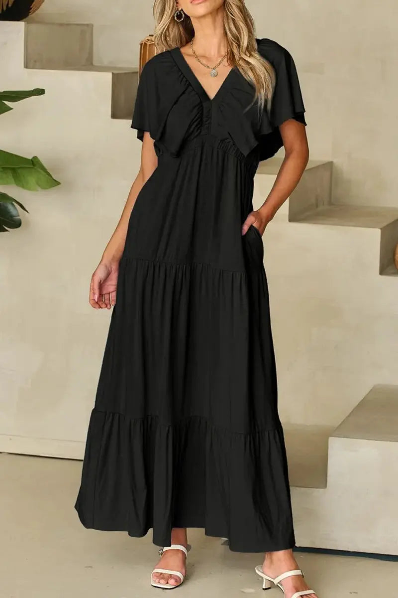 Women's Maxi Dress Maxi Dress - Ruffled V-Neck, Flowy & Flattering - Elegant