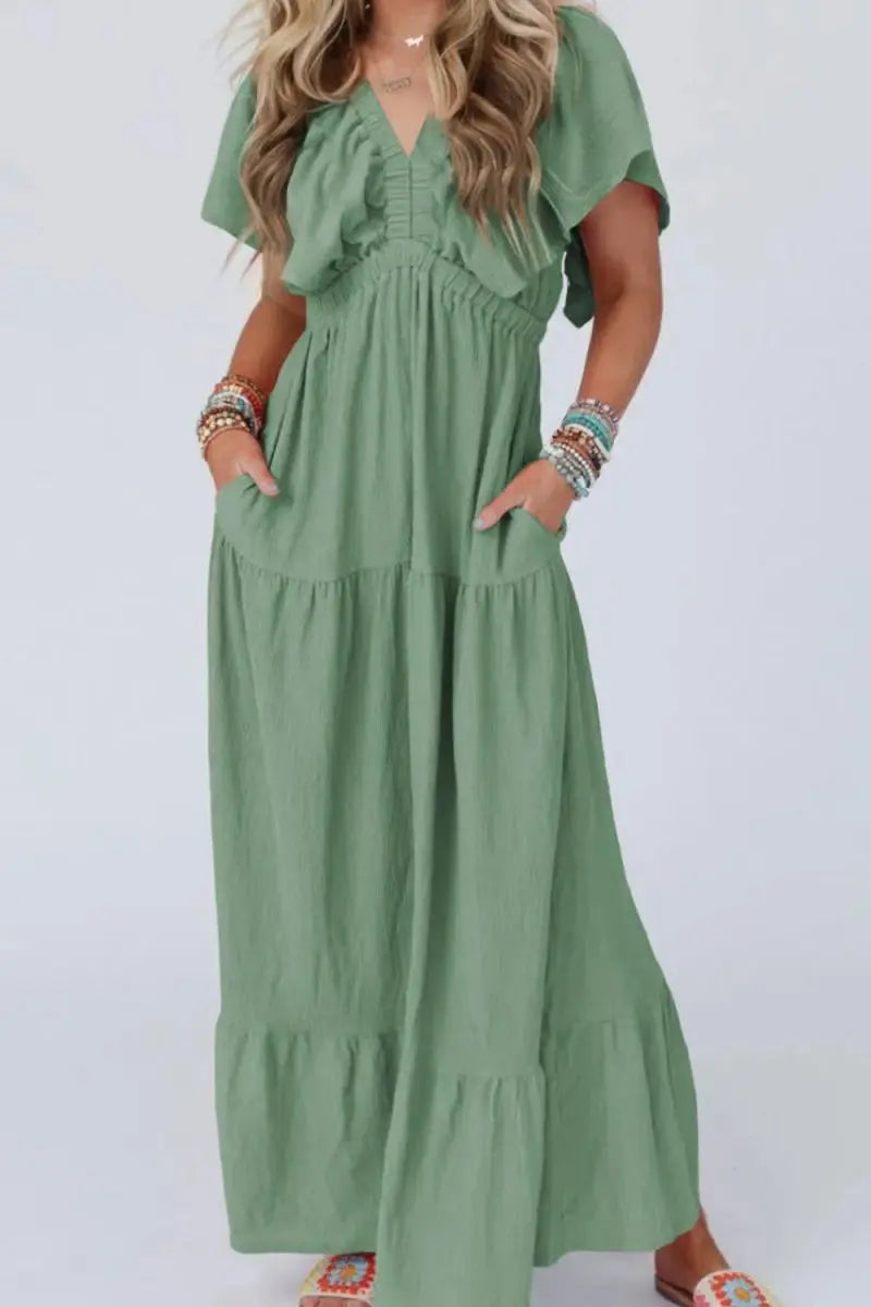 Women's Maxi Dress Maxi Dress - Ruffled V-Neck, Flowy & Flattering - Elegant
