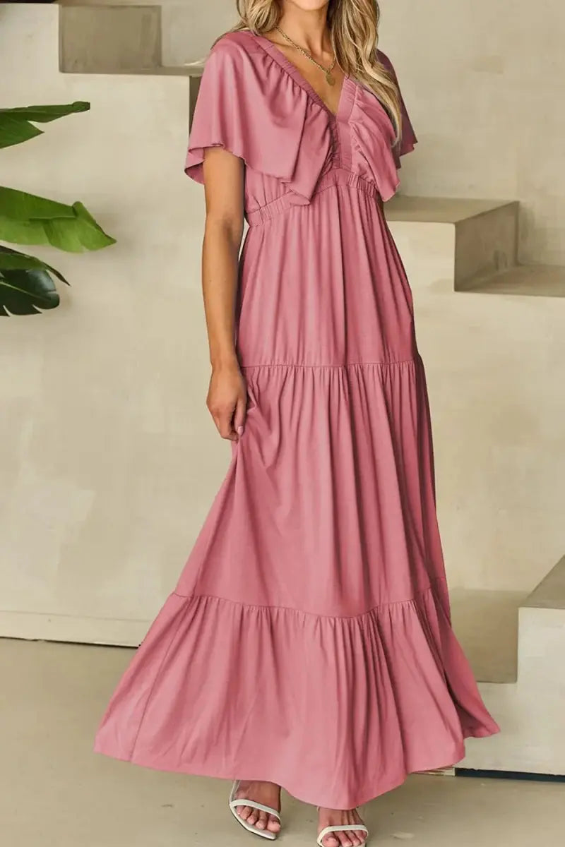 Women's Maxi Dress Maxi Dress - Ruffled V-Neck, Flowy & Flattering - Elegant