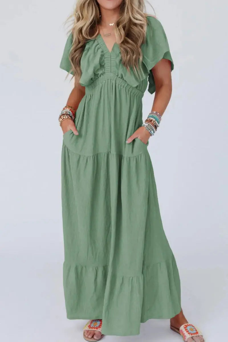 Women's Maxi Dress Maxi Dress - Ruffled V-Neck, Flowy & Flattering - Elegant