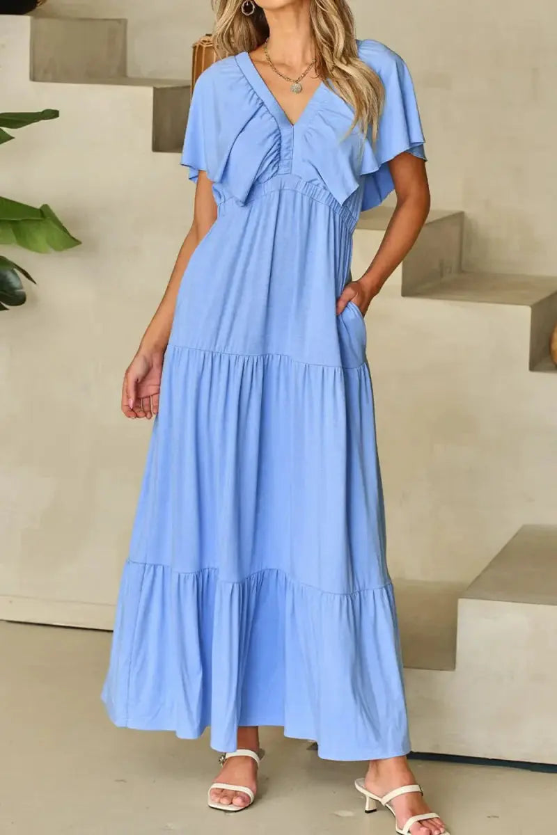 Women's Maxi Dress Maxi Dress - Ruffled V-Neck, Flowy & Flattering - Elegant