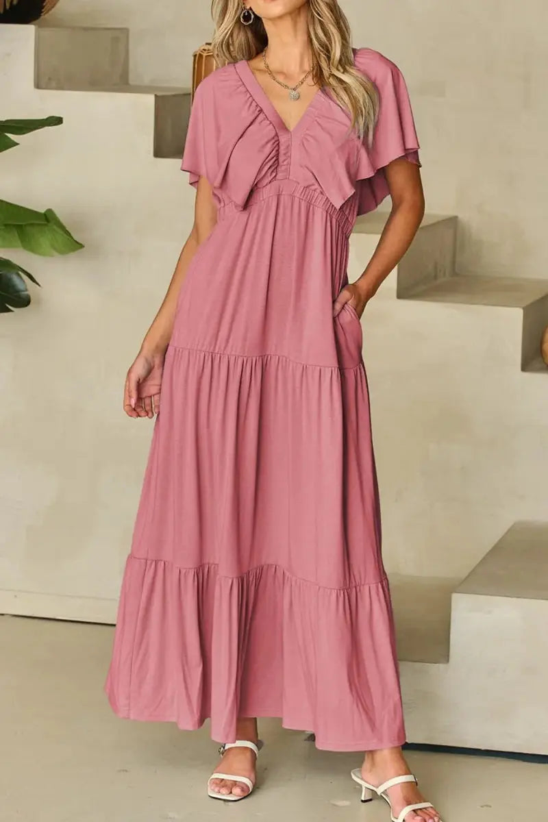 Women's Maxi Dress Maxi Dress - Ruffled V-Neck, Flowy & Flattering - Elegant