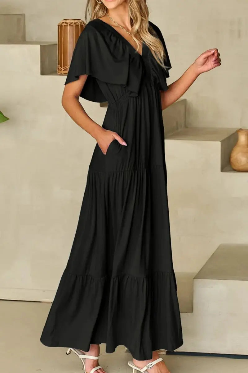 Women's Maxi Dress Maxi Dress - Ruffled V-Neck, Flowy & Flattering - Elegant