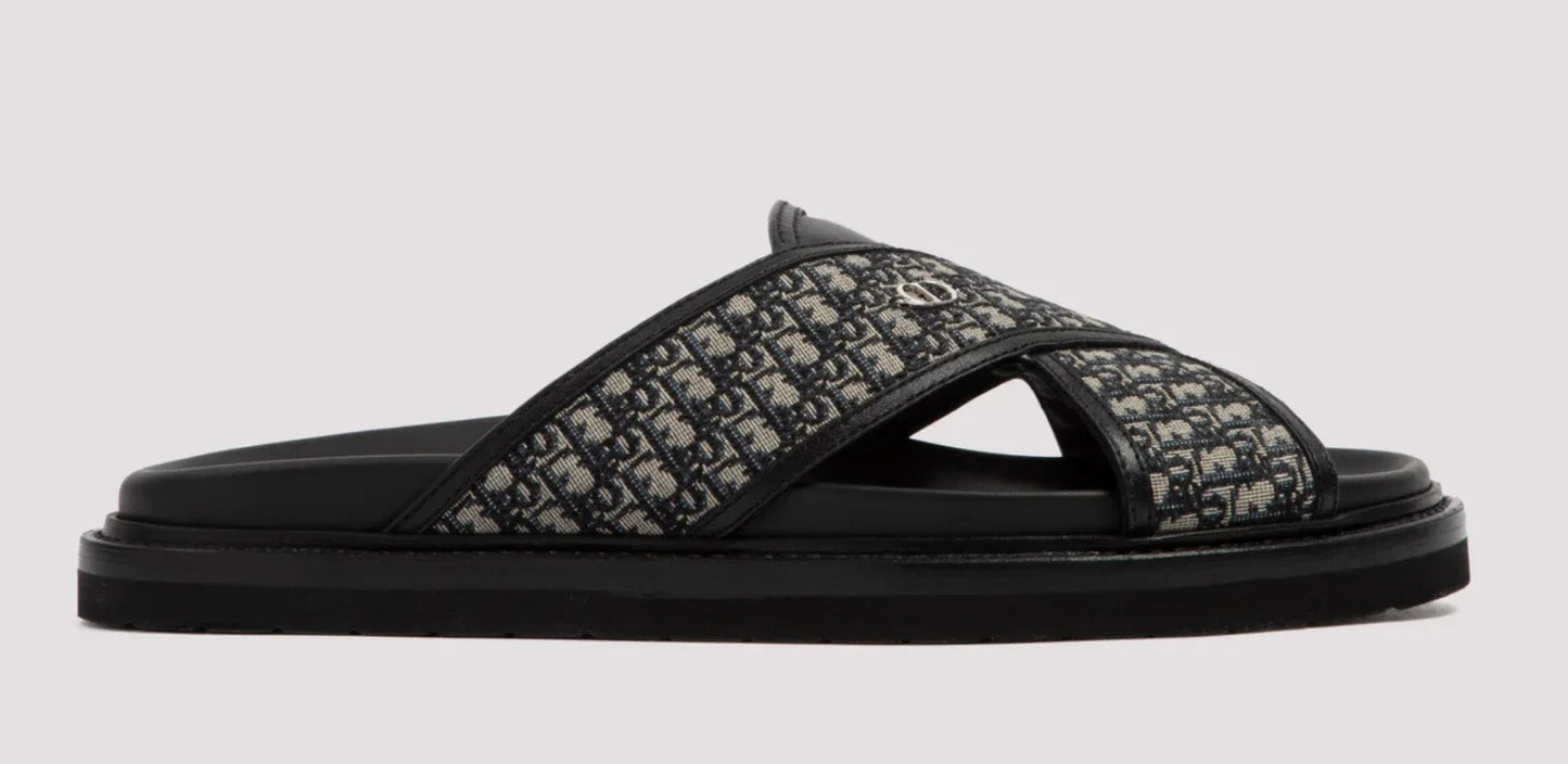 Dior Mens Aqua Sandal Beige Black Blue Oblique Jacquard Logo Slide Slip On