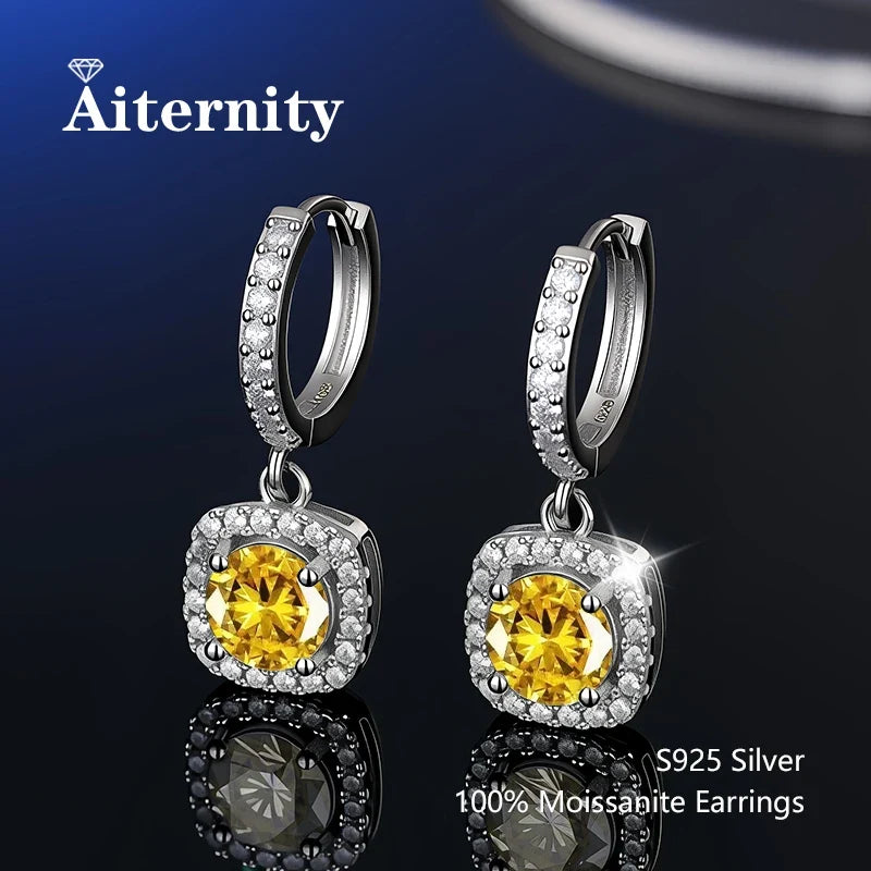 Square & Round Halo Colored Moissanite Hoop Drop Earrings