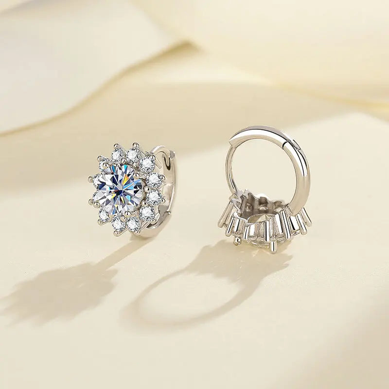 Sunflower Halo Moissanite Hoop Earrings in Sterling Silver