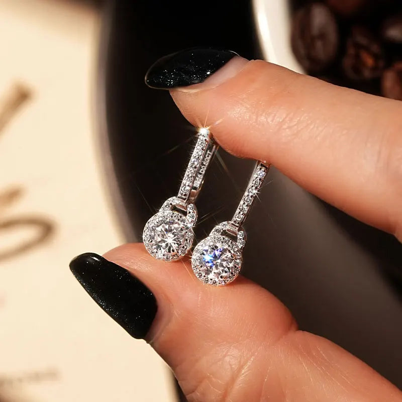 Lock-Style Halo Moissanite Drop Earrings in Sterling Silver