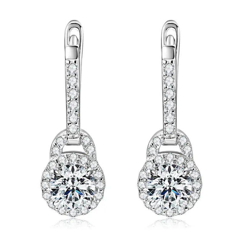 Lock-Style Halo Moissanite Drop Earrings in Sterling Silver