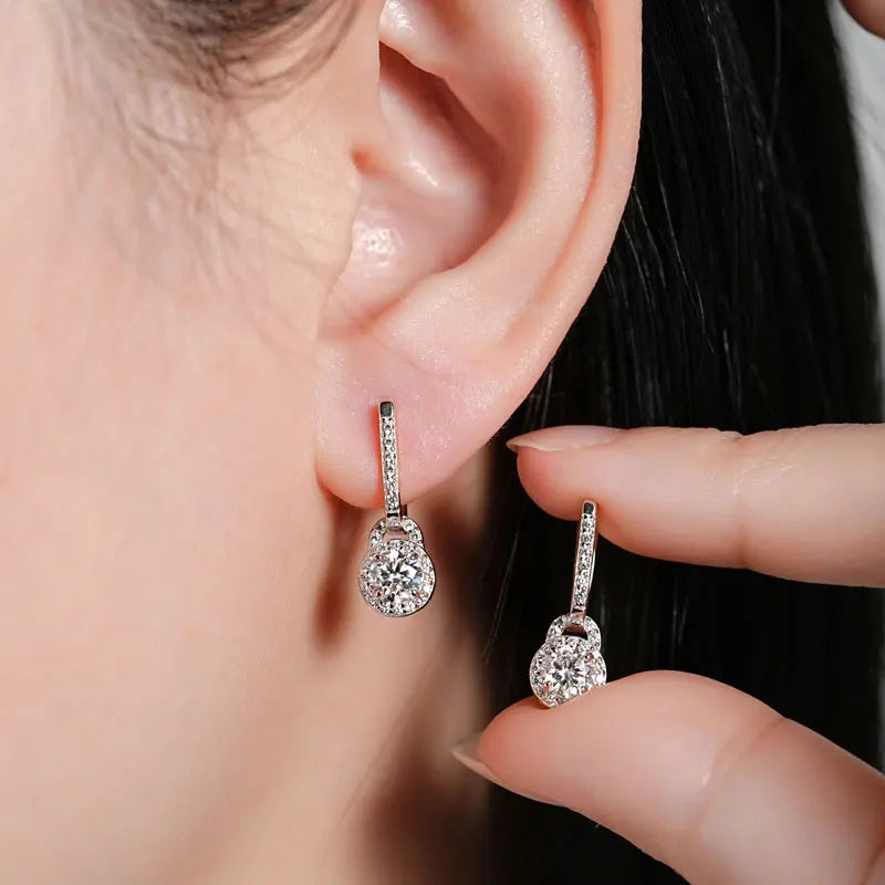 Lock-Style Halo Moissanite Drop Earrings in Sterling Silver