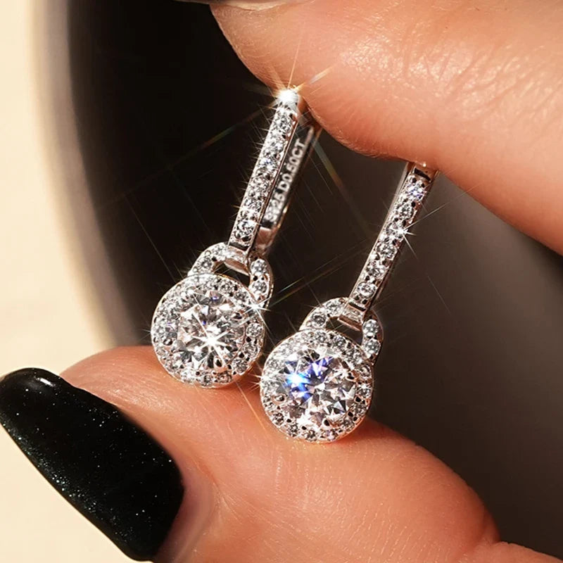 Lock-Style Halo Moissanite Drop Earrings in Sterling Silver
