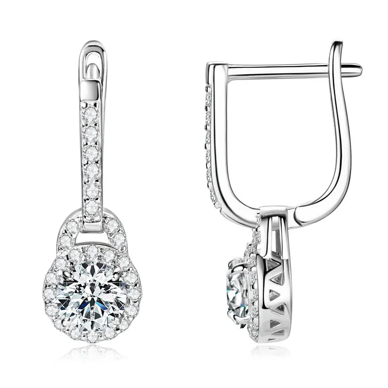 Lock-Style Halo Moissanite Drop Earrings in Sterling Silver