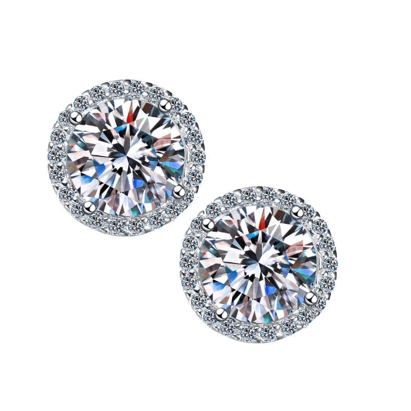 Bridal Round Halo Moissanite Stud Earrings in Sterling Silver