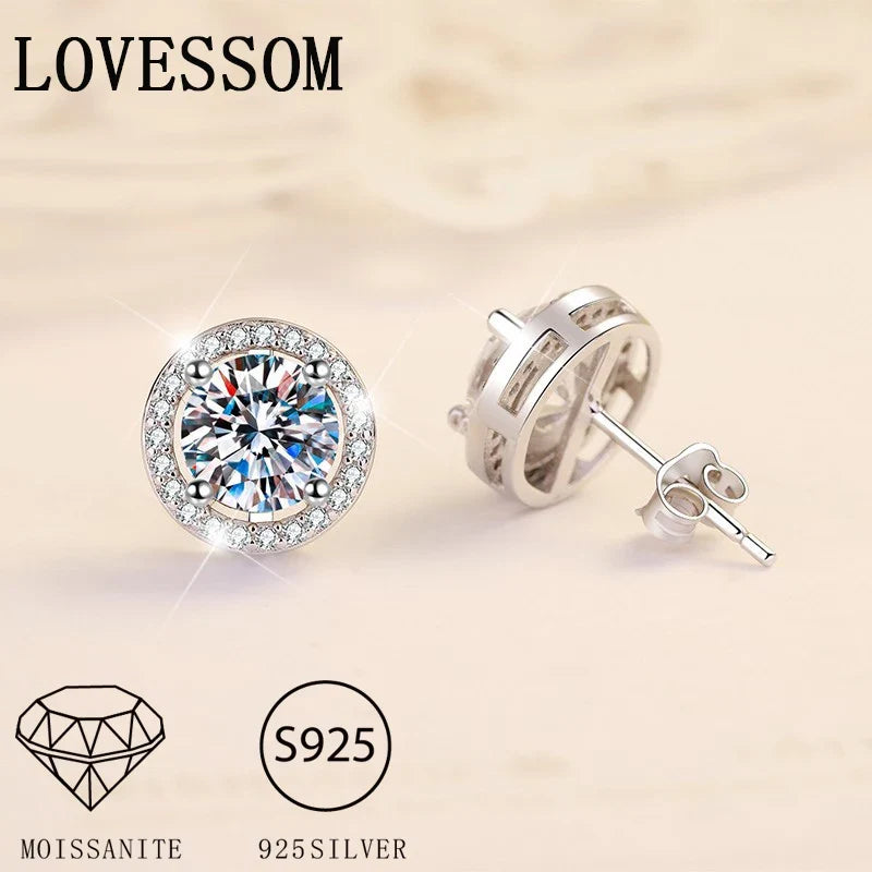 Bridal Round Halo Moissanite Stud Earrings in Sterling Silver