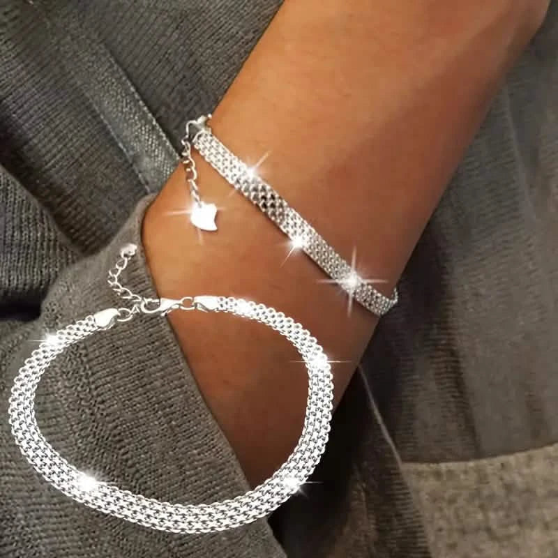 S925 Sterling Silver Chain Bracelet, Sparkling Mesh Embossing Pattern Jewelry