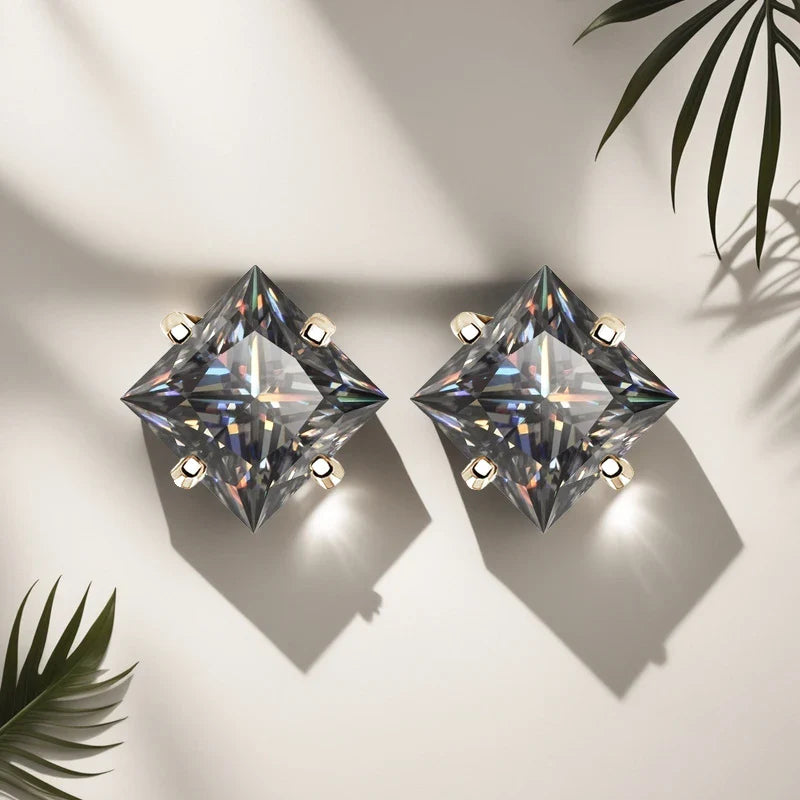 S925 Sterling Silver Gray Princess Cut Moissanite Stud Earrings for Women