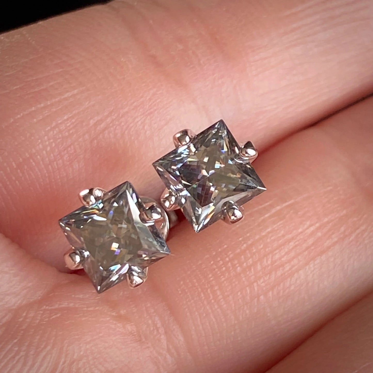 S925 Sterling Silver Gray Princess Cut Moissanite Stud Earrings for Women