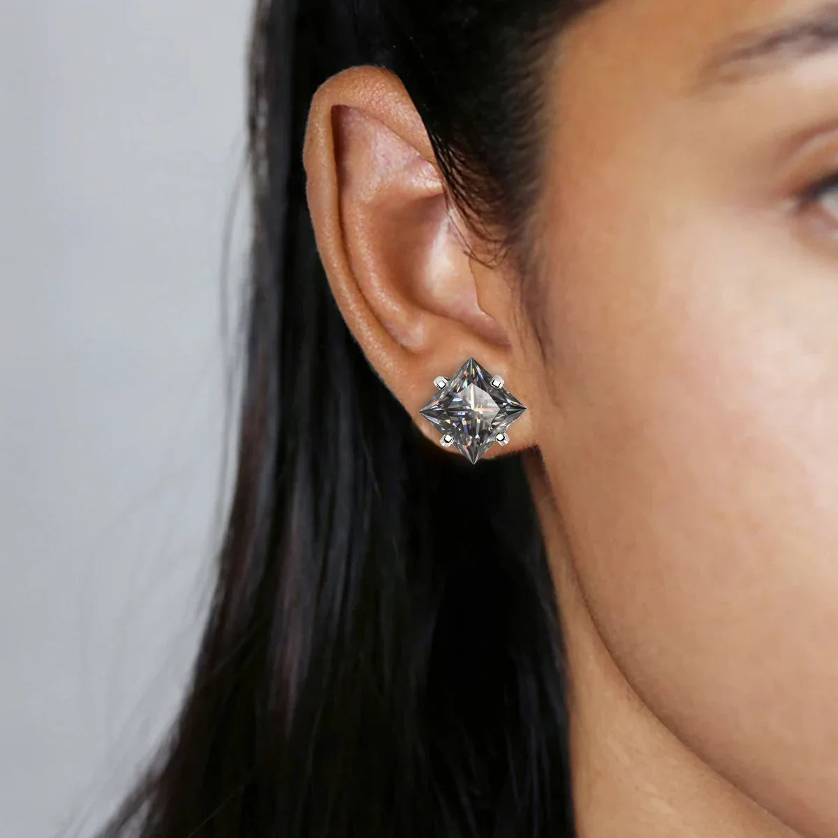 S925 Sterling Silver Gray Princess Cut Moissanite Stud Earrings for Women