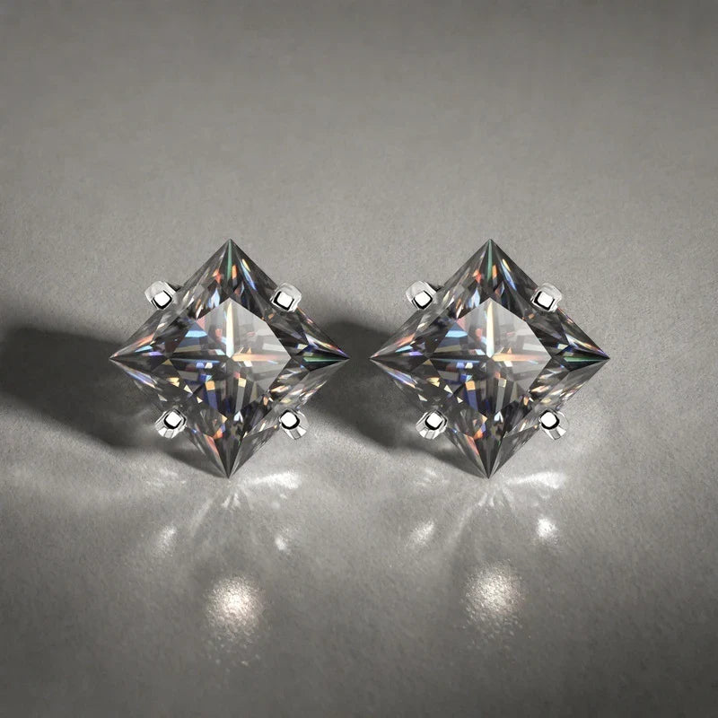 S925 Sterling Silver Gray Princess Cut Moissanite Stud Earrings for Women