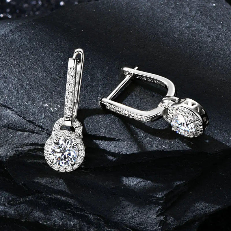 Lock-Style Halo Moissanite Drop Earrings in Sterling Silver