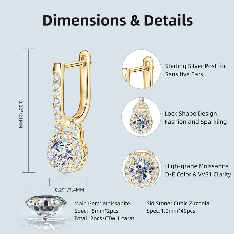 Lock-Style Halo Moissanite Drop Earrings in Sterling Silver