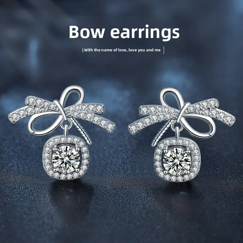 S925 Sterling Silver Moissanite Stud Earrings 0.5ct×2 Bow Fringe Dangle Women