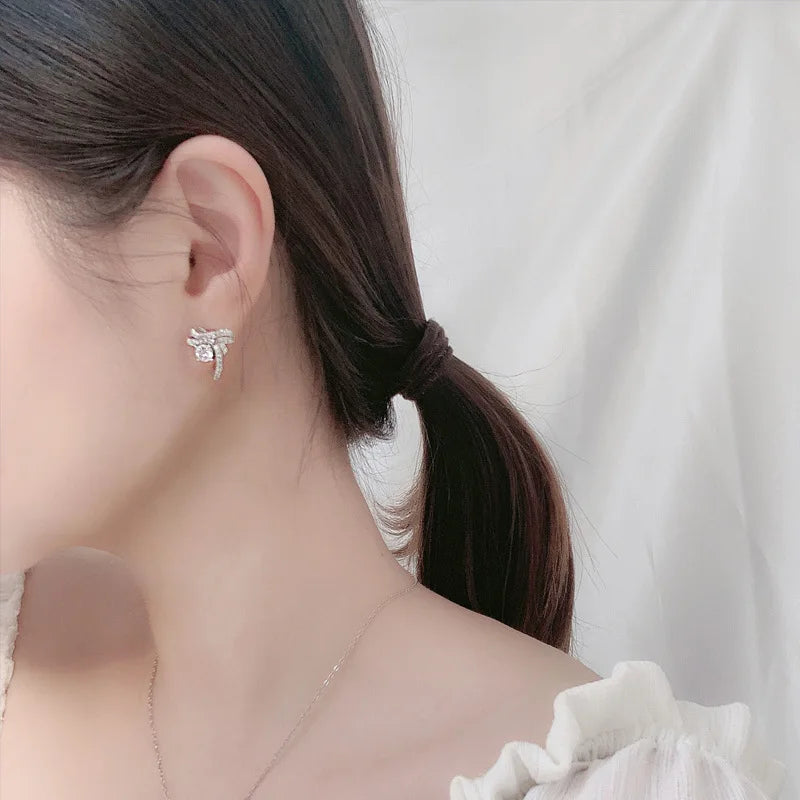 S925 Sterling Silver Moissanite Stud Earrings 0.5ct×2 Bow Fringe Dangle Women