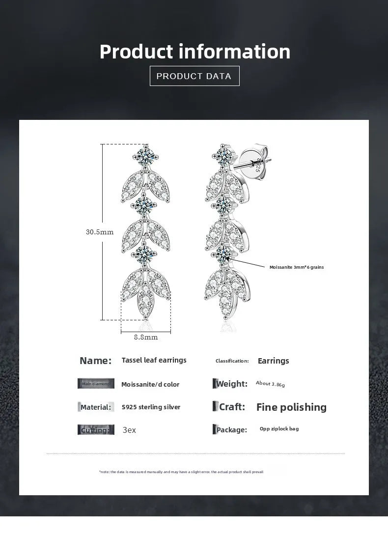 S925 Sterling Silver Moissanite Dangle Earrings Fringe Drop Studs for Women