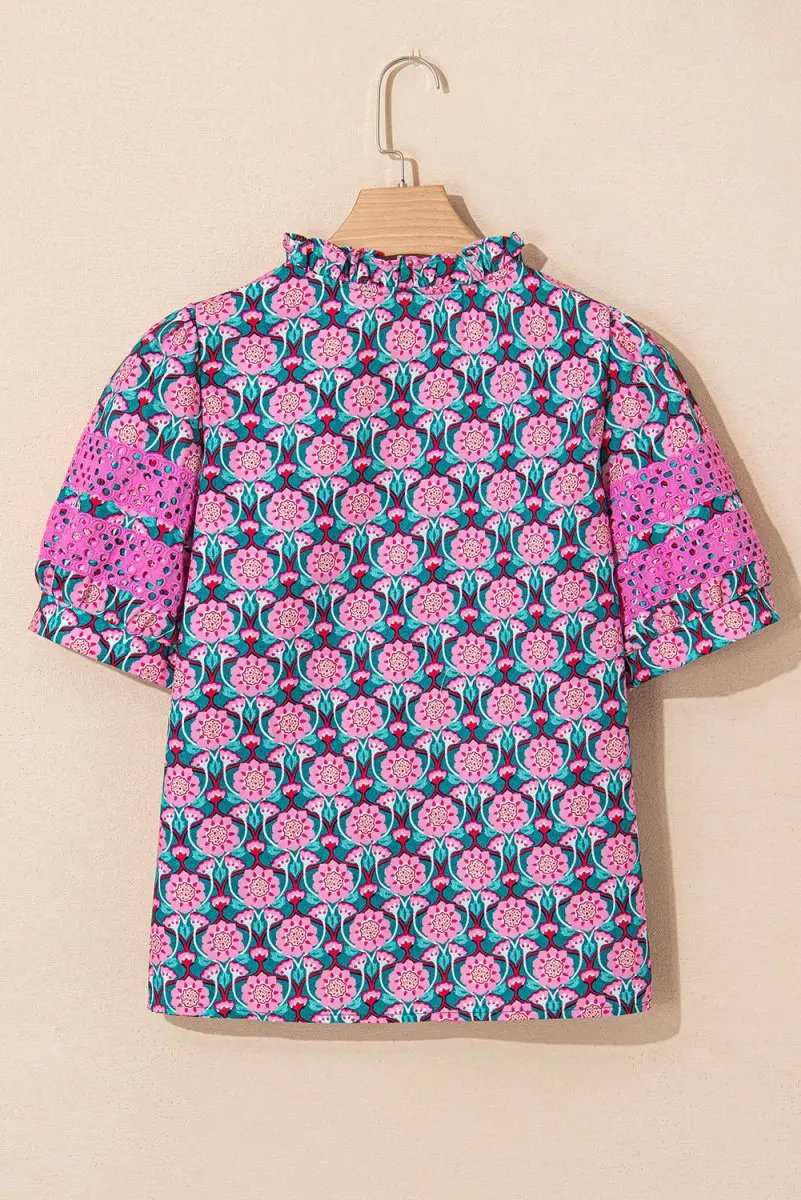 T-Shirts Love Salve Pink Floral Top Women's Daily Wear Blouse Ruffle V-Neck Puff Sleeve