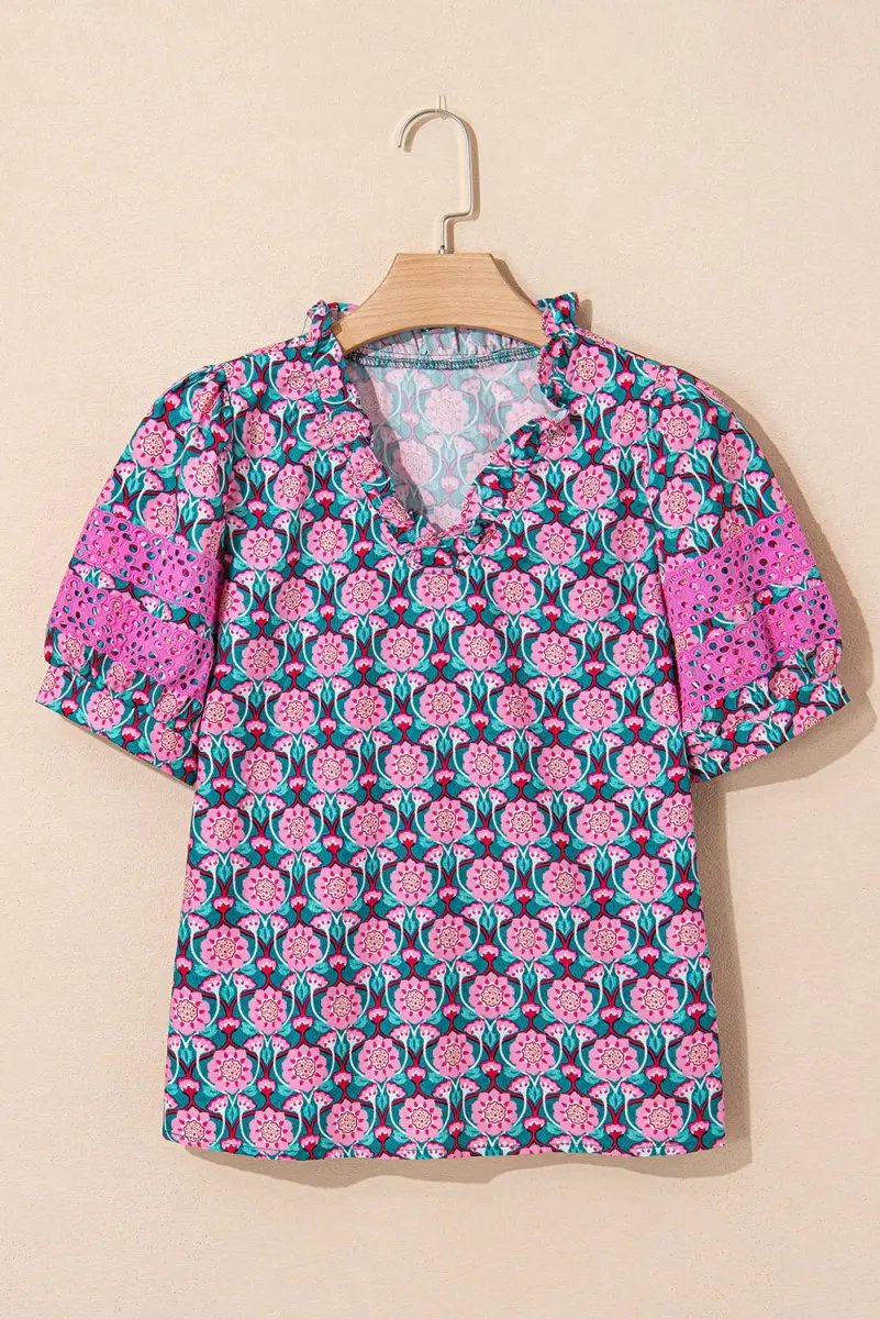 T-Shirts Love Salve Pink Floral Top Women's Daily Wear Blouse Ruffle V-Neck Puff Sleeve