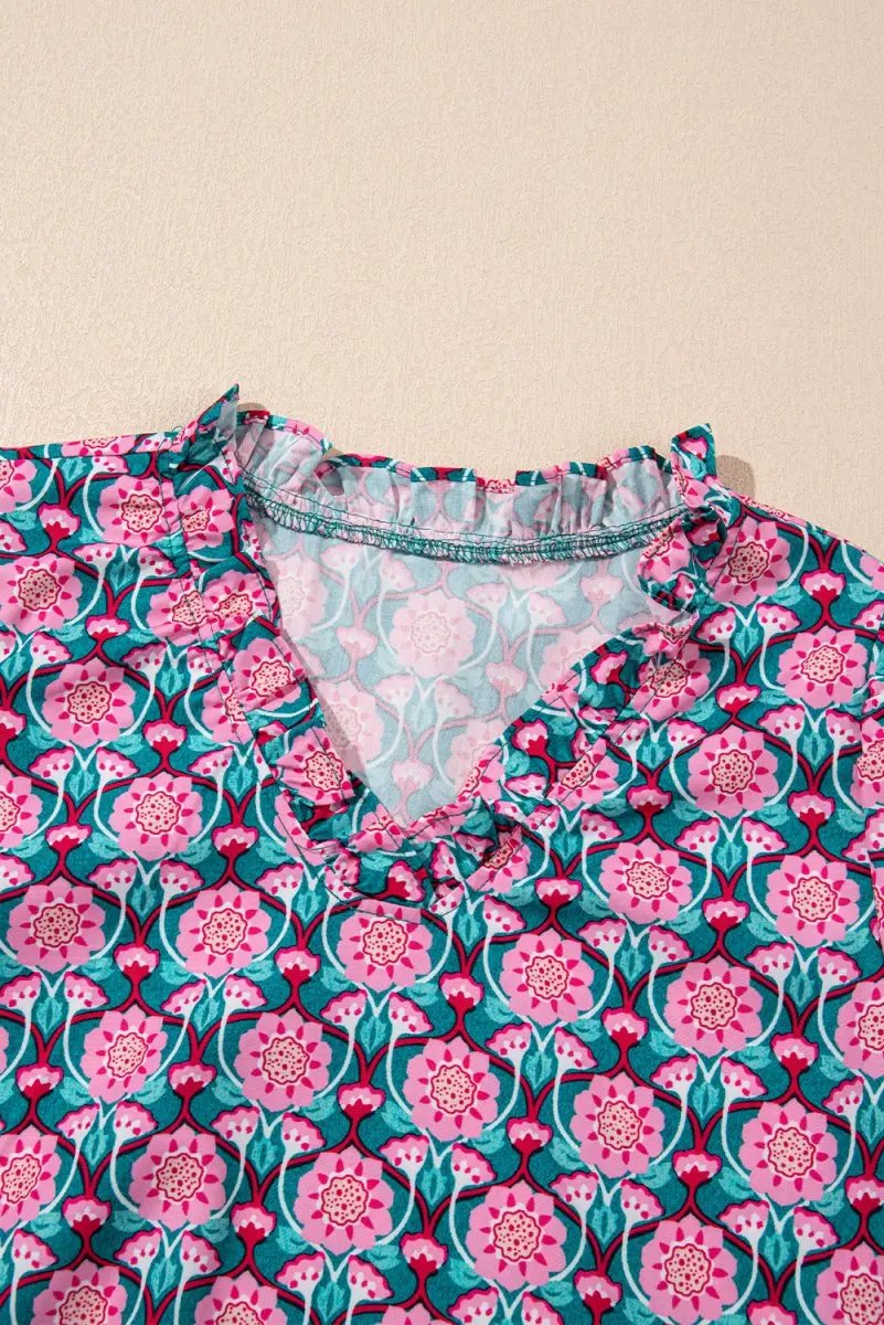 T-Shirts Love Salve Pink Floral Top Women's Daily Wear Blouse Ruffle V-Neck Puff Sleeve