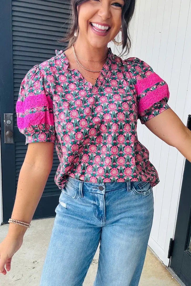 T-Shirts Love Salve Pink Floral Top Women's Daily Wear Blouse Ruffle V-Neck Puff Sleeve