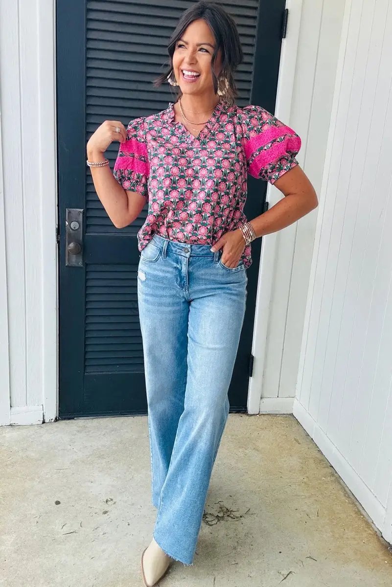 T-Shirts Love Salve Pink Floral Top Women's Daily Wear Blouse Ruffle V-Neck Puff Sleeve
