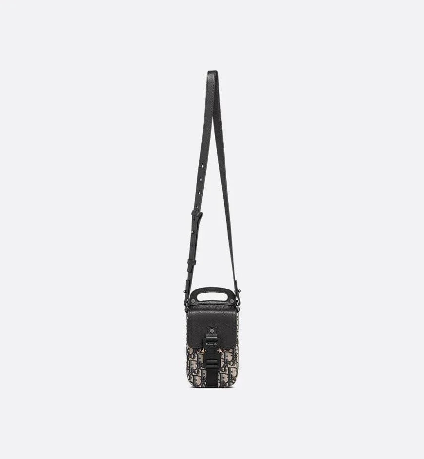 Saddle Vertical Pouch with Strap Beige and Black Dior Oblique Jacquard with Black Grained Calfskin