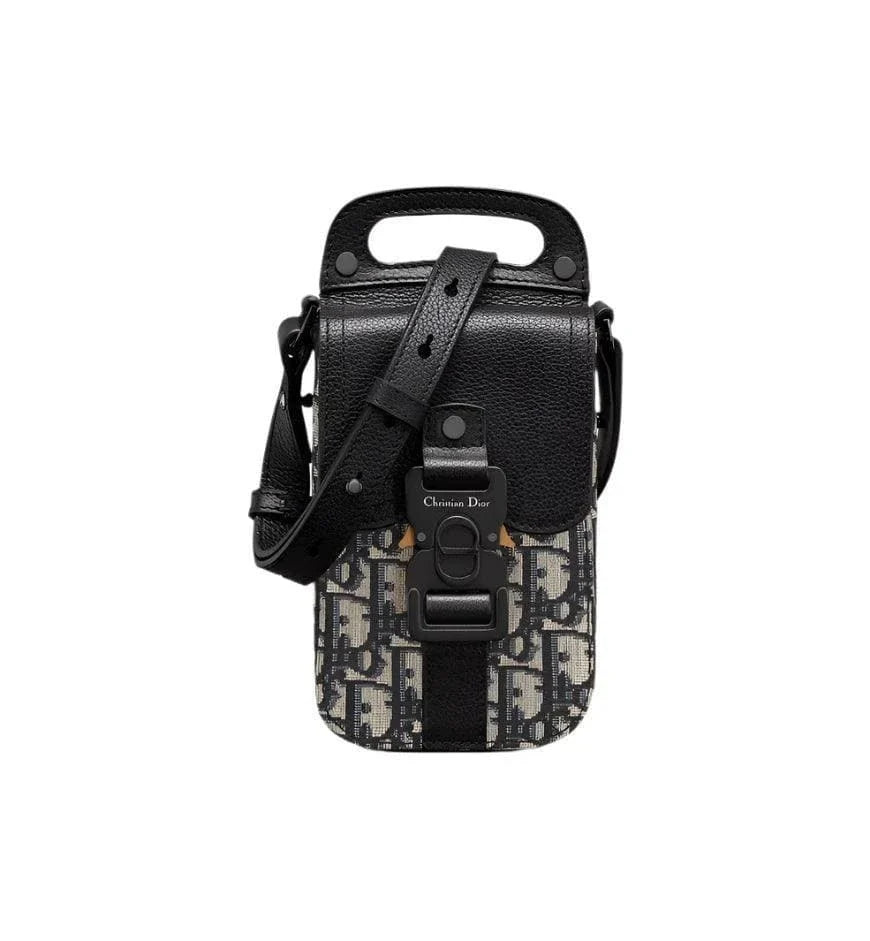 Saddle Vertical Pouch with Strap Beige and Black Dior Oblique Jacquard with Black Grained Calfskin
