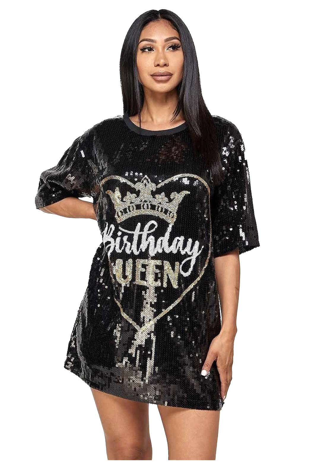 Vestido Oversized de Camiseta con Lentejuelas para Cumpleaños "Reina" {Letras Doradas y Blancas}