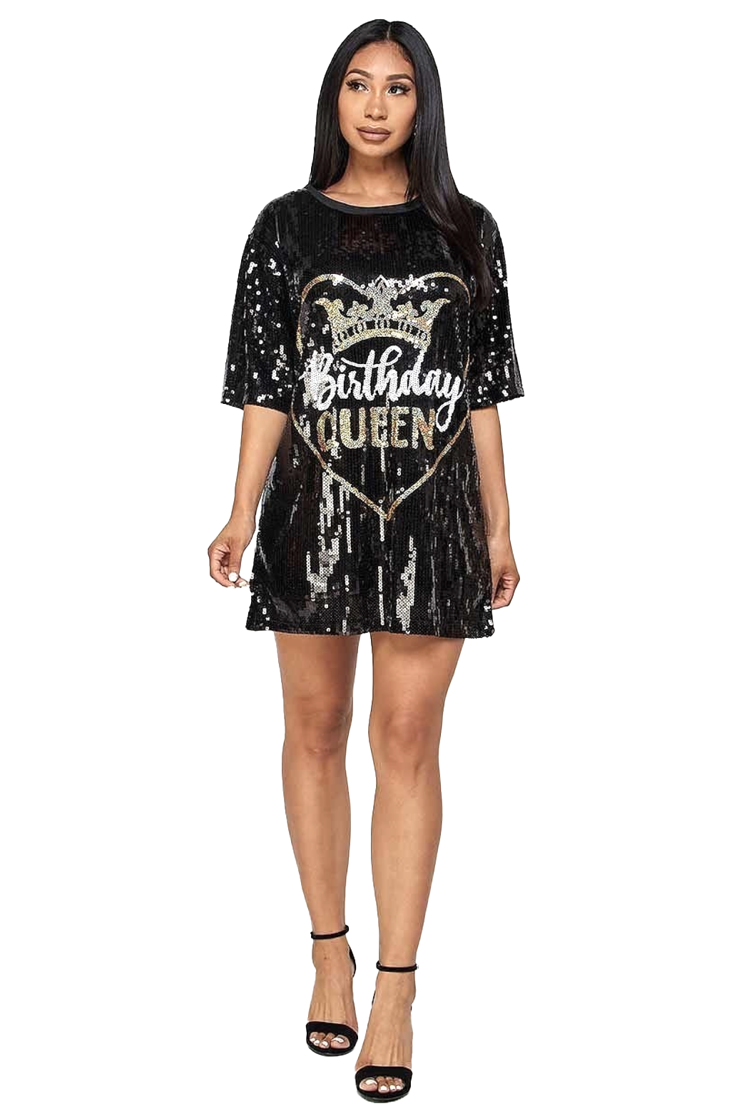 Vestido Oversized de Camiseta con Lentejuelas para Cumpleaños "Reina" {Letras Doradas y Blancas}