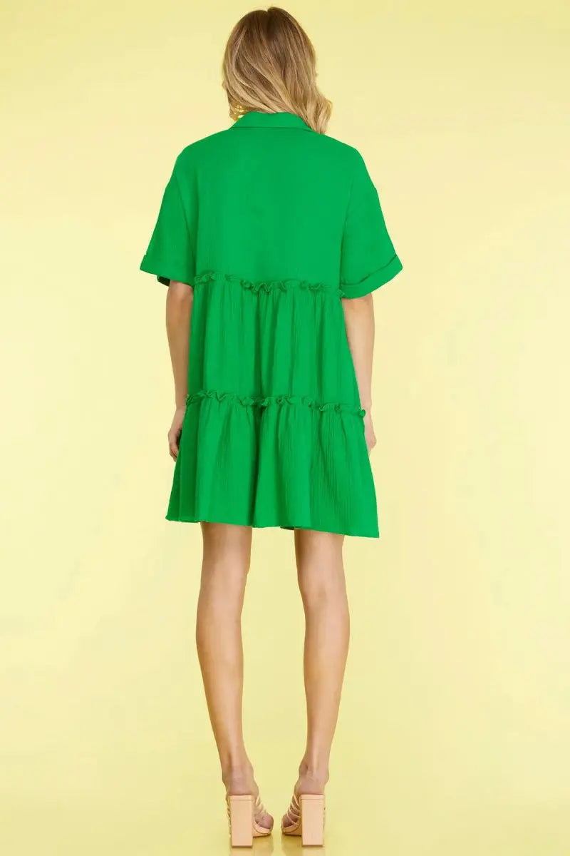 Mini Dress - Frill Tiered Button Front - Casual