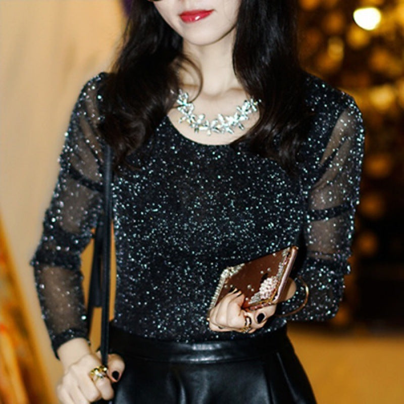 Sheer Mesh Long Sleeve T-Shirt for Women | Black Top - # GIAA23510046