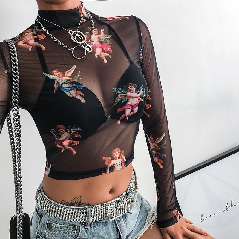 Sheer Printed Mesh Long Sleeve T-Shirt for Women - # GIAA23510048