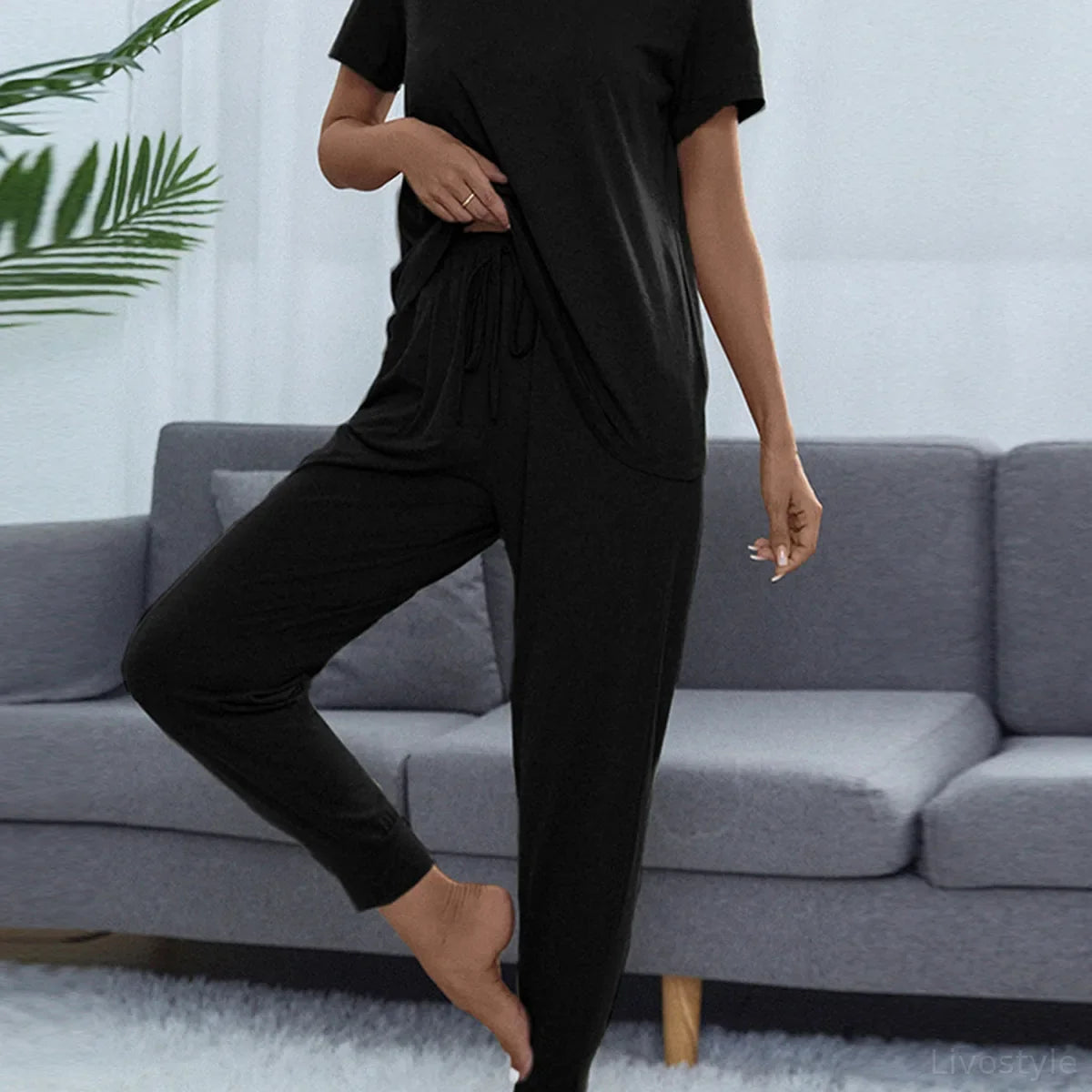 Shiny Round Neck Short Sleeve Top and Pants Set