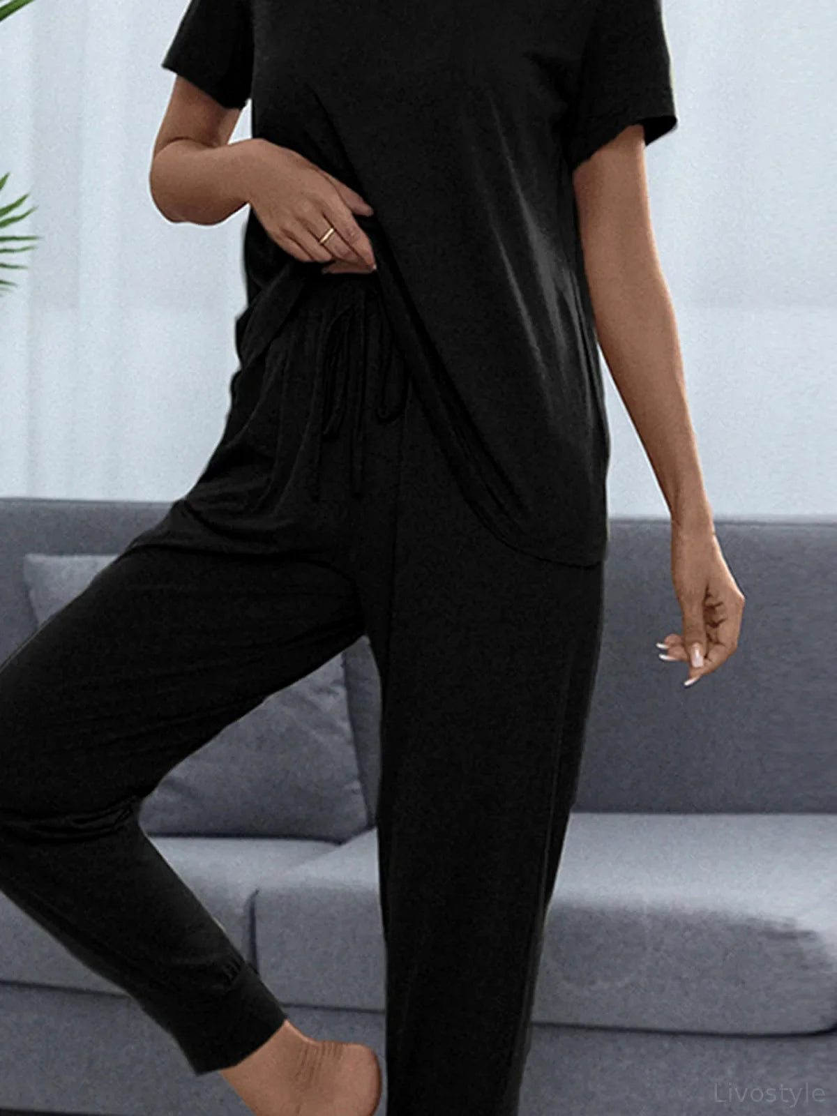Shiny Round Neck Short Sleeve Top and Pants Set